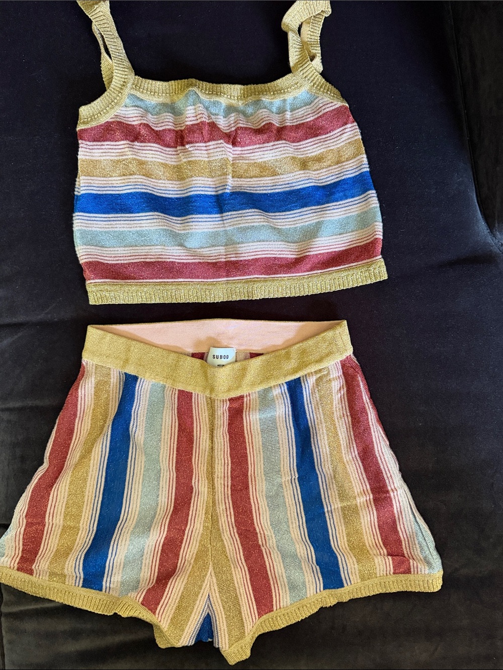 Suboo Striped Knit Crop Top & Shorts Set in Gold, Blue, Red